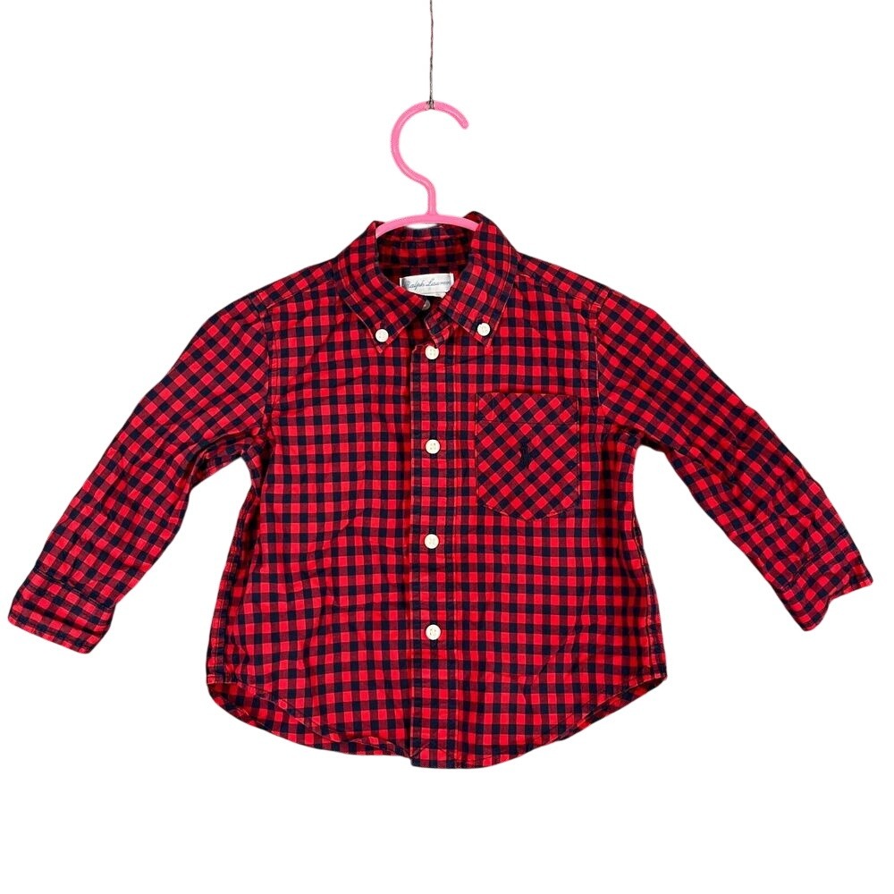 Ralph Lauren Baby Boy Button‎ Up Dress Shirt 12 Months Red Plaid Cotton